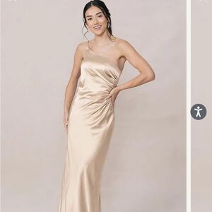 Jade Satin Gold Champagne- 703 Revelry Dress. Size 8.